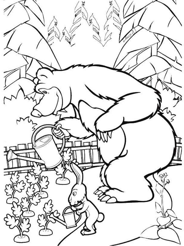 Der Bär und das Kaninchen gießen Blumen