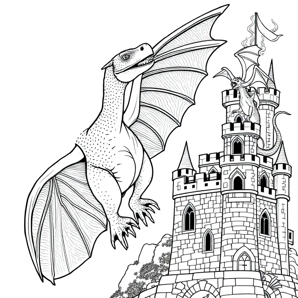 Dinosaur med vinger, der flyver forbi et slot, hvor en drage ånder ild