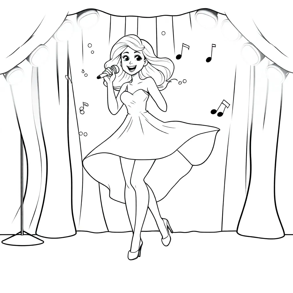 En blond ung sangerinde på en scene med hæle og en frodig kjole, der optræder og danser imens