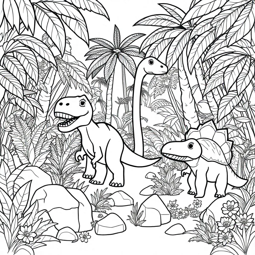 A Group Of Dinosaurs Walking Around In A Jungle