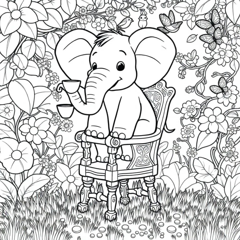 Duży słoń na krześle i mała filiżanka herbaty w łapie