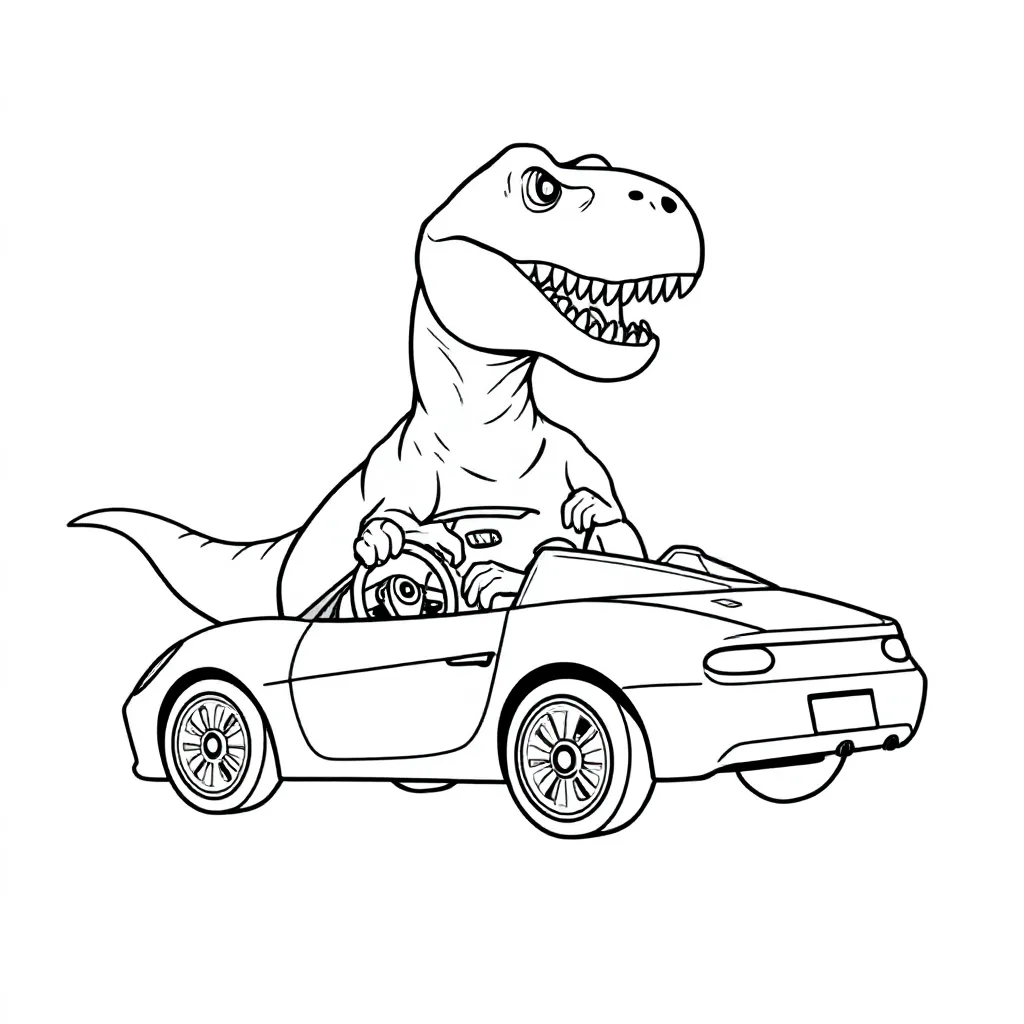 Ein großer T-Rex in einem zu kleinen Rennwagen