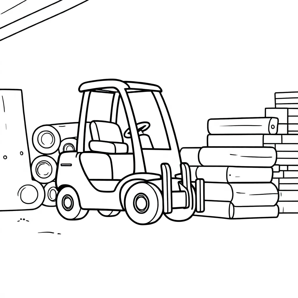 Ein Gabelstapler mit Baumstämmen und gestapeltem Holz in einer Werkstatt