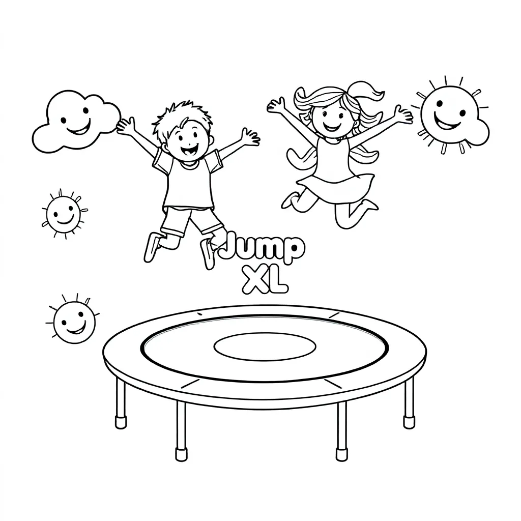 Ein Junge und ein Mädchen springen auf einem Trampolin mit Jump XL-Logo