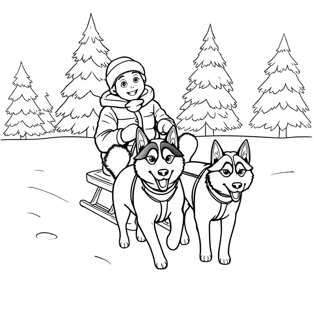 En dreng på en slæde trukket af huskyer i en snedækket skov