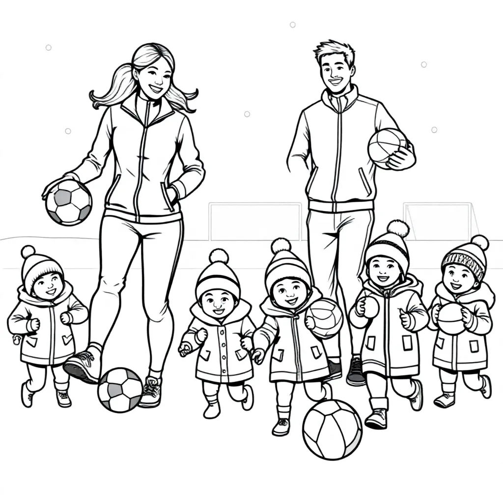 Een juf en meester in trainingspak spelend met kinderen van de sport bso die spelen mt verschillende ballen op een voetbalveld in de winter