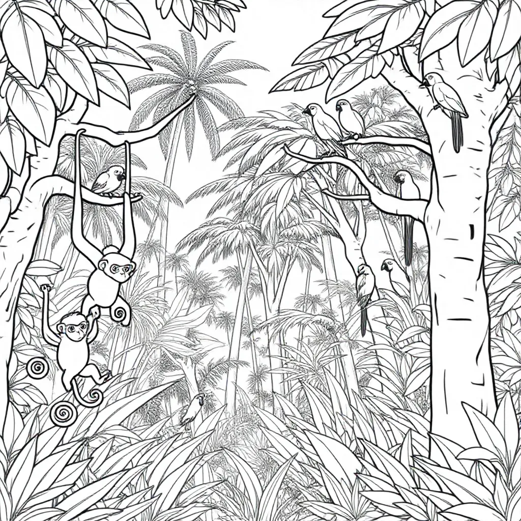 Une jungle pleine d'animaux exotiques comme des singes et des perroquets