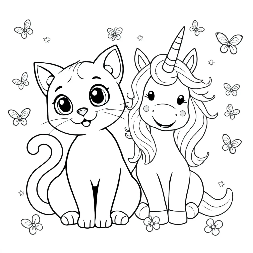 Un chat avec une licorne joyeuse à côté et des petits papillons autour d'eux