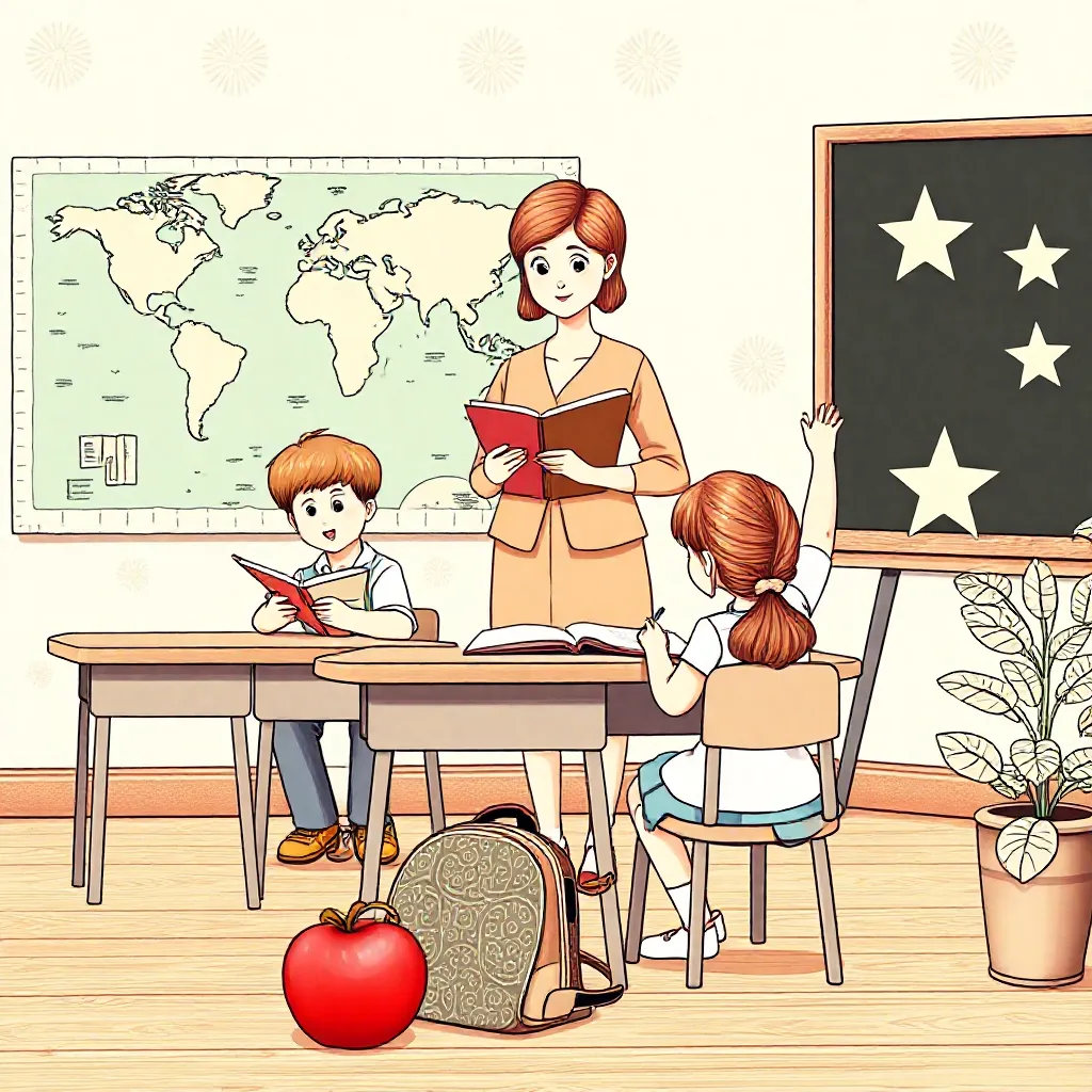 Een klaslokaal met kinderen een een jonge juf