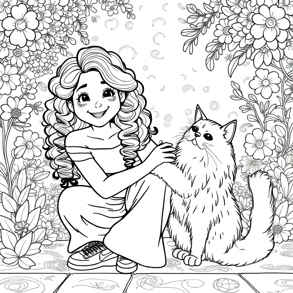 Tyttö, jolla on pitkät kiharat hiukset ja koira