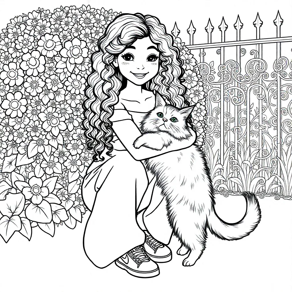 Hymyilevä tyttö, jolla on poskipunat ja pitkät kiharat hiukset. Vaatteisiin, olkapäiden ulkopuolinen toppi, leveälahkeiset housut ja Nike-kengät. Hän kyykistyy pitkäkarvaisen viereen