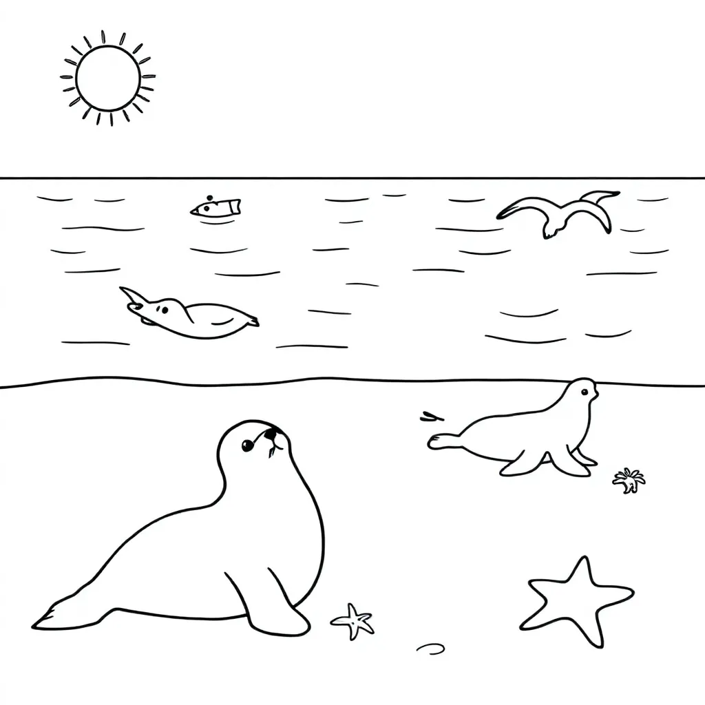 Two seals lying on the beach in the foreground and two seals swimming in the sea. There is also a small lobster and a starfish on the beach