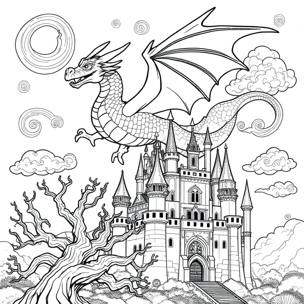 En magisk drage som flyr over et slott