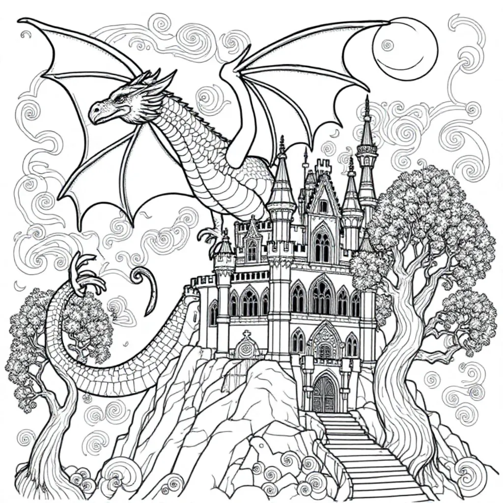 En magisk drage som flyr over et slott