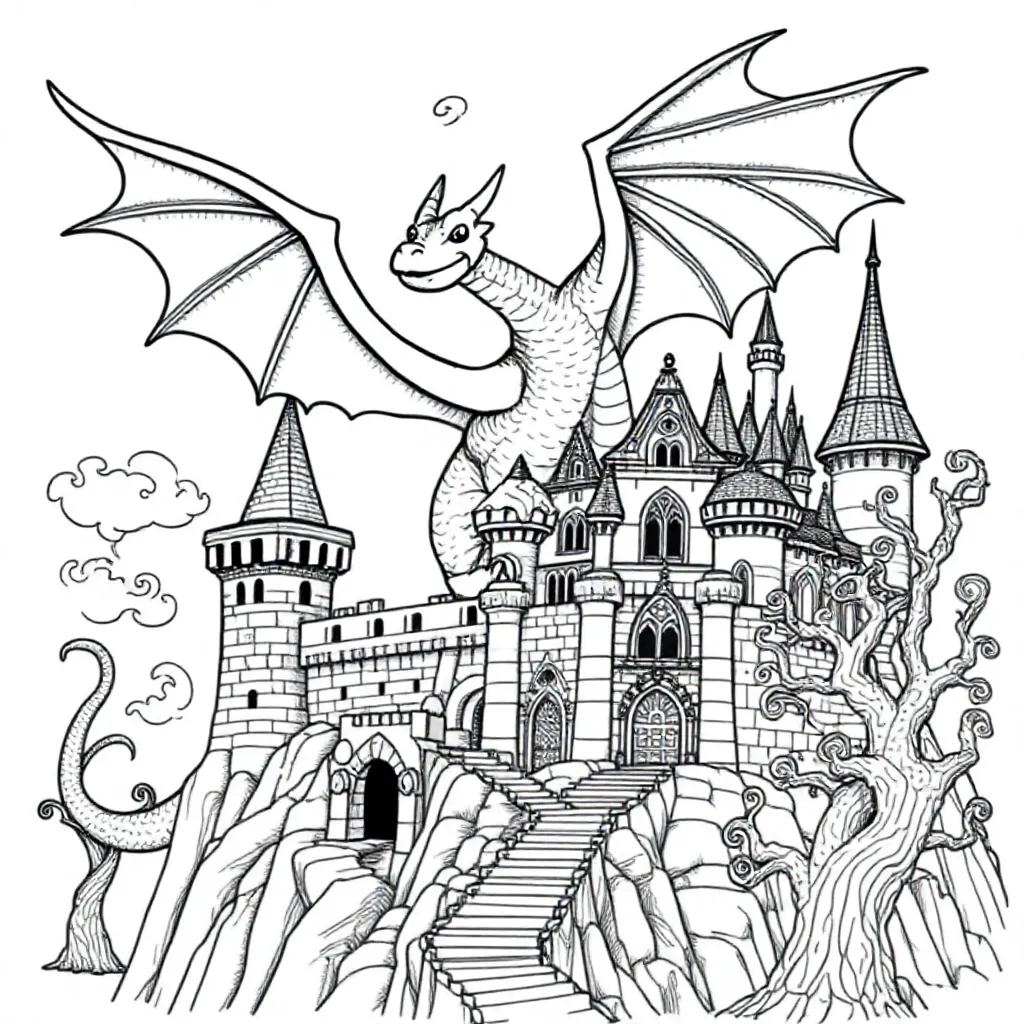 En magisk drage som flyr over et slott