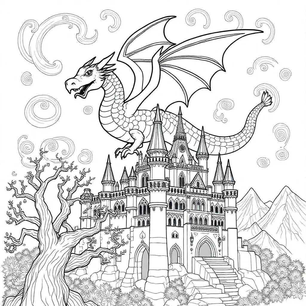 En magisk drage som flyr over et slott