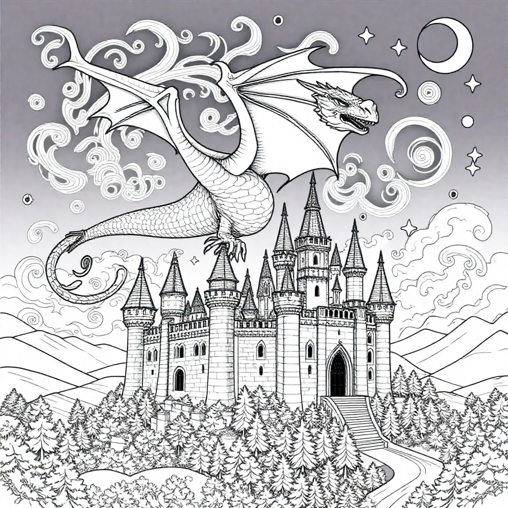 En magisk drage som flyr over et slott