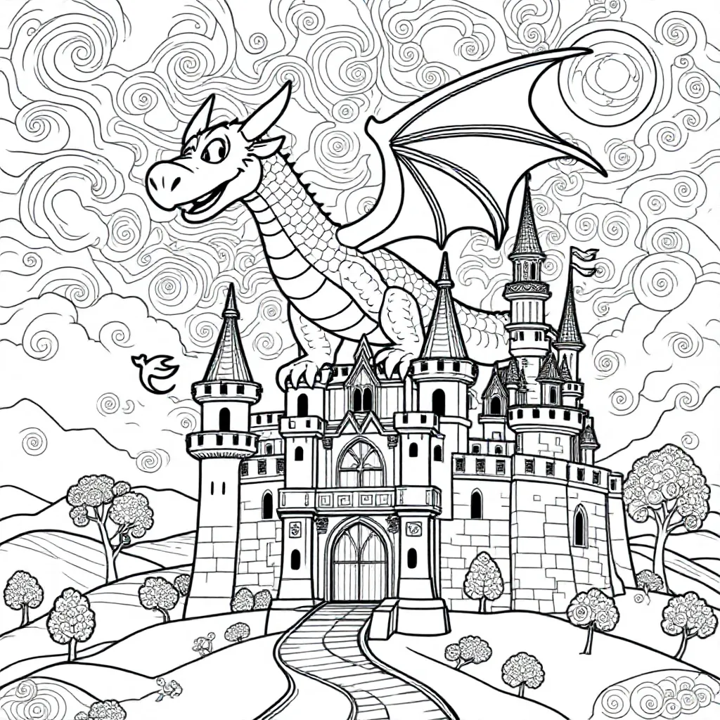 En magisk drage som flyr over et slott