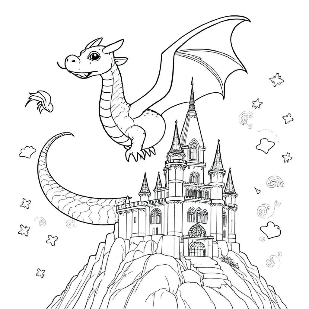En magisk drage, der flyver over et slot