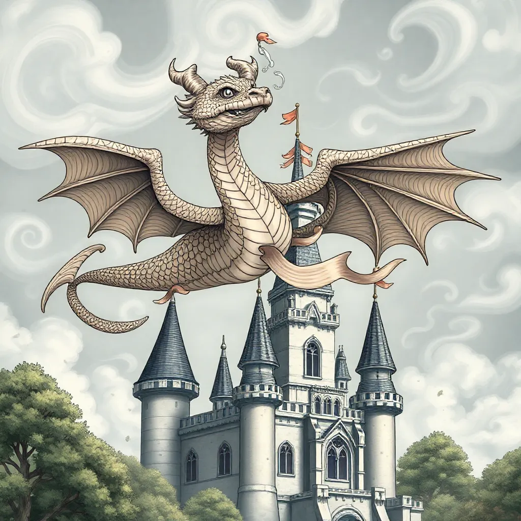 En magisk drage som flyr over et slott