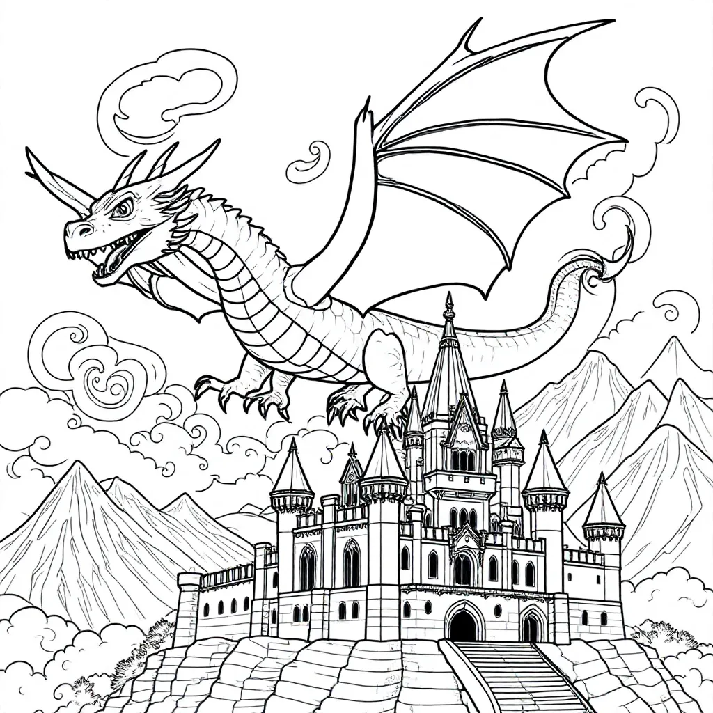En magisk drage som flyr over et slott