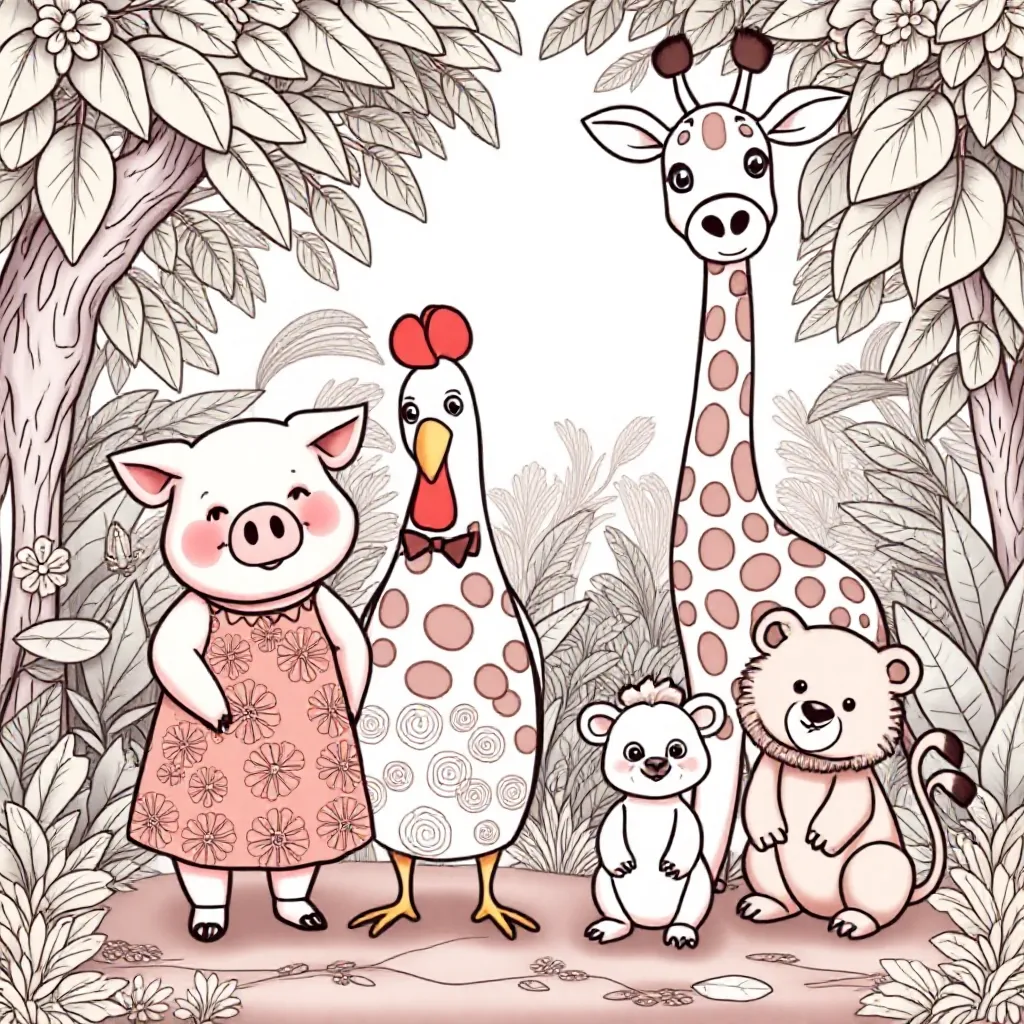 Mama jest świnią, tata kurczakiem, najstarsze dziecko żyrafą, średnie dziecko lwem, najmniejsze dziecko niedźwiedziem
