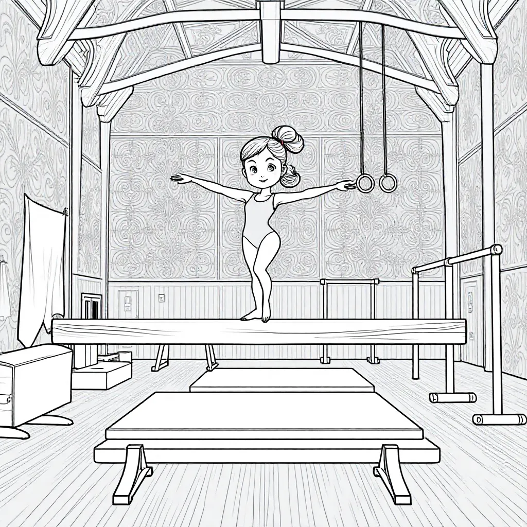 En pige laver gymnastik på balancebjælken i et fitnesscenter med andet gymnastikudstyr i baggrunden. Navnet Zoë skal også være med til farvning