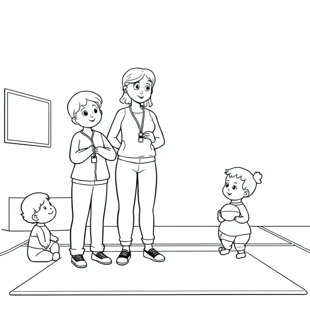 En usikker gymnastiklærer, der underviser småbørn. Dette sker i fitnesscentret med en masse kaos, hun ved ikke rigtig, hvad hun skal gøre