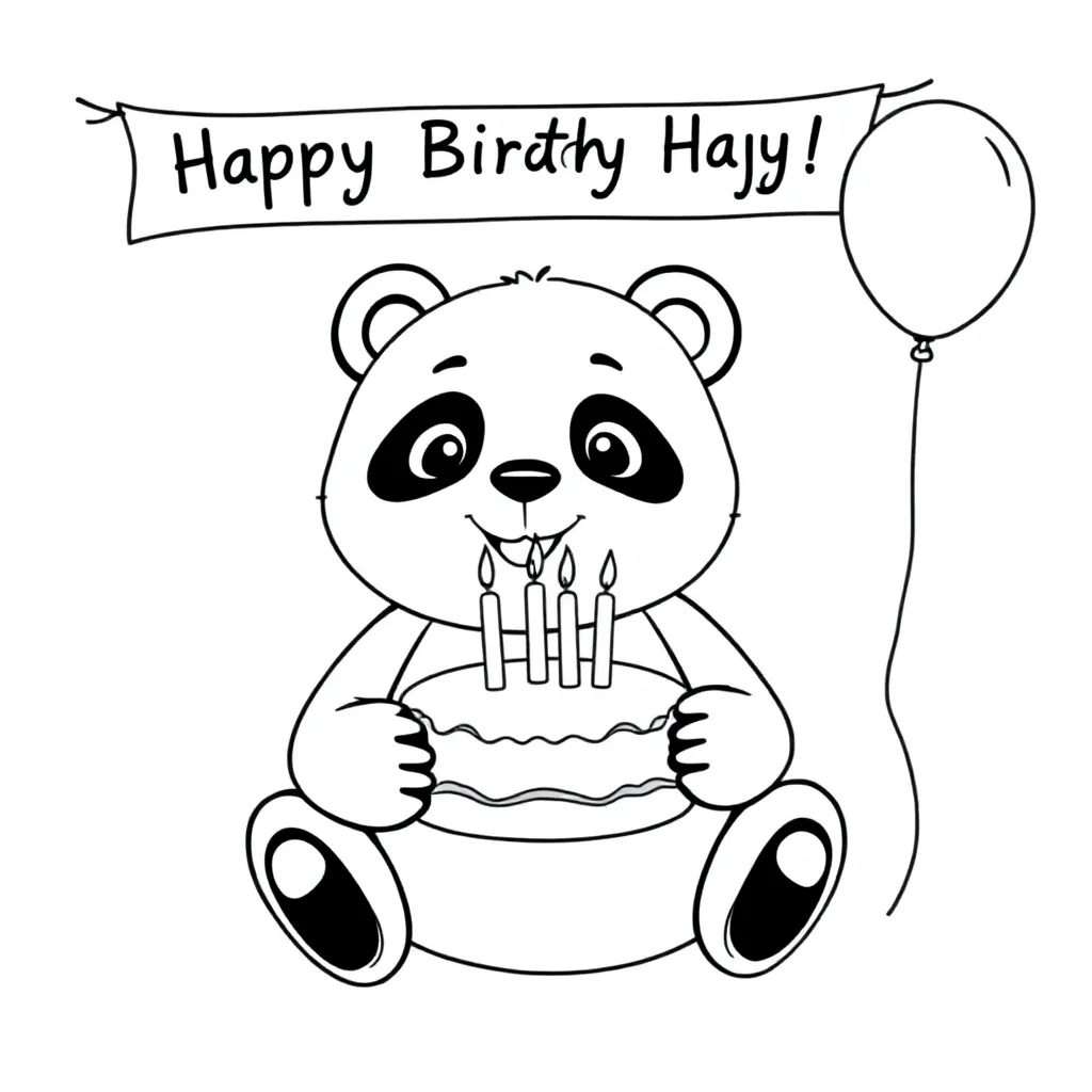 Panda trzymająca ciasto. Na torcie znajdują się dwie świeczki w kształcie cyfry 11. Nad pandą wisi baner z napisem Gratulacje Hajar. Zawieś obok