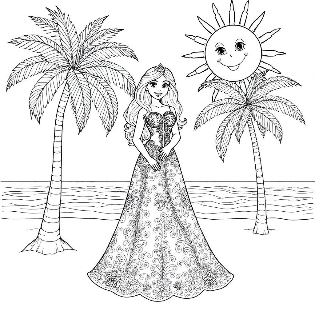 A princess with a dress on the beach with palms and sun and some sea