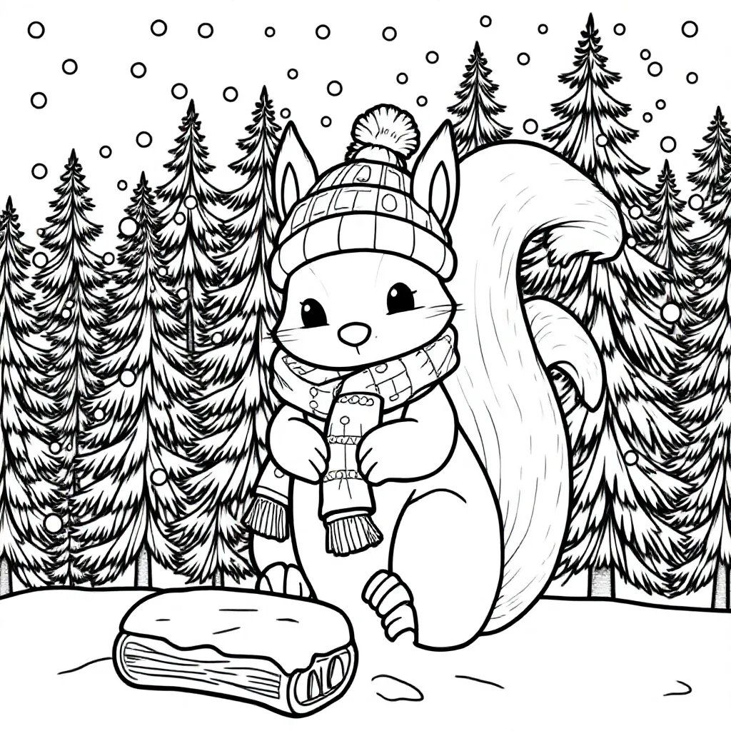 Et sødt egern med en hat og et tørklæde bag sig er en fyrreskov og det sner