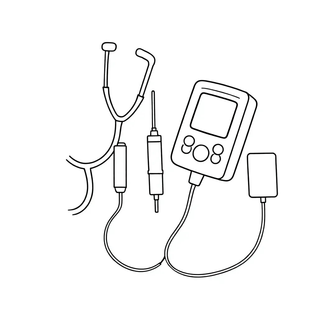 Un stéthoscope, une seringue, une pompe d'alimentation et un tube à oxygène