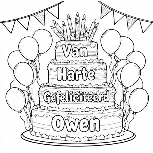 A super festive cake and lots of beautiful balloons and cakes and lots of decorations and cakes with the name Owen