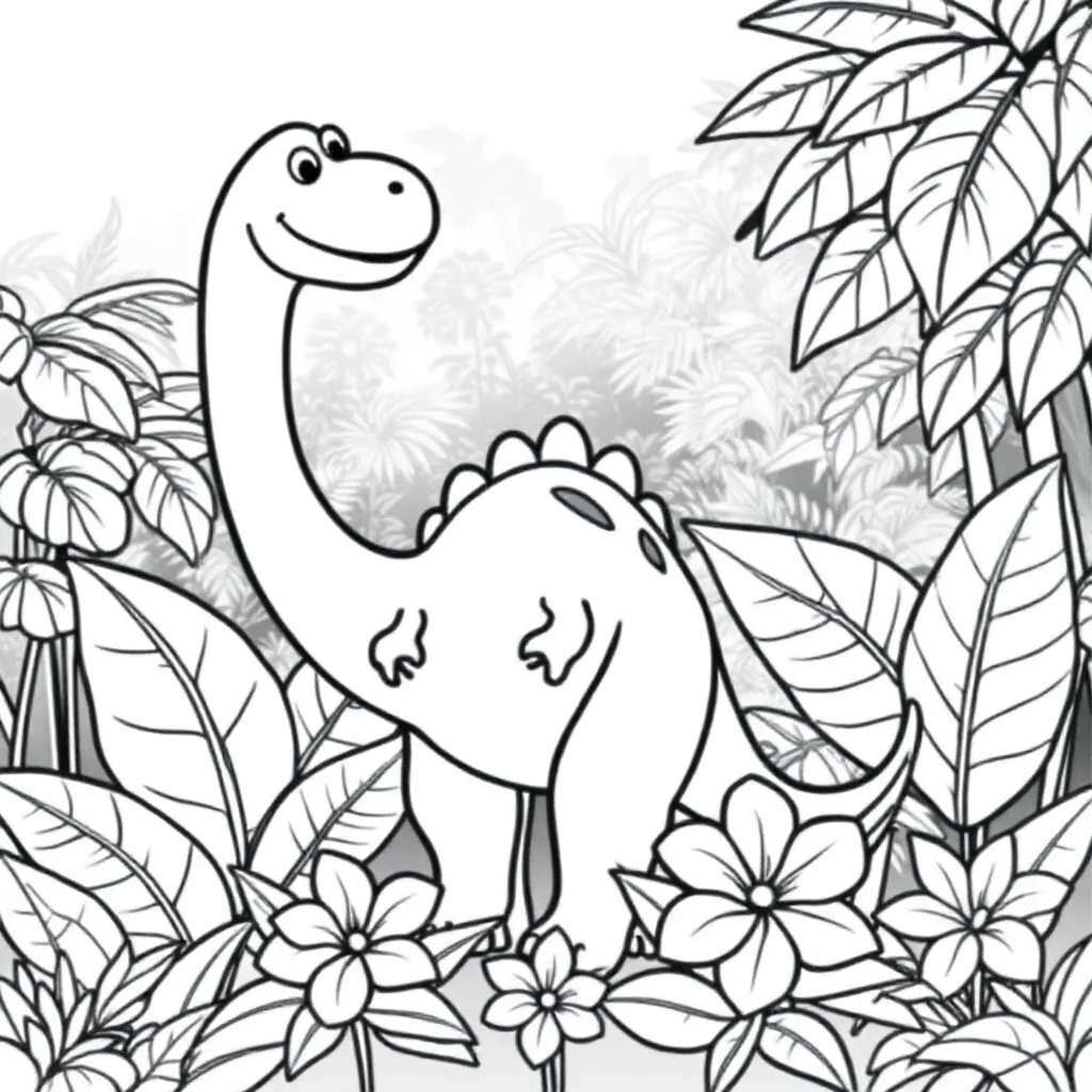 Ein freundlicher Dinosaurier in einem Dschungel mit Blumen
