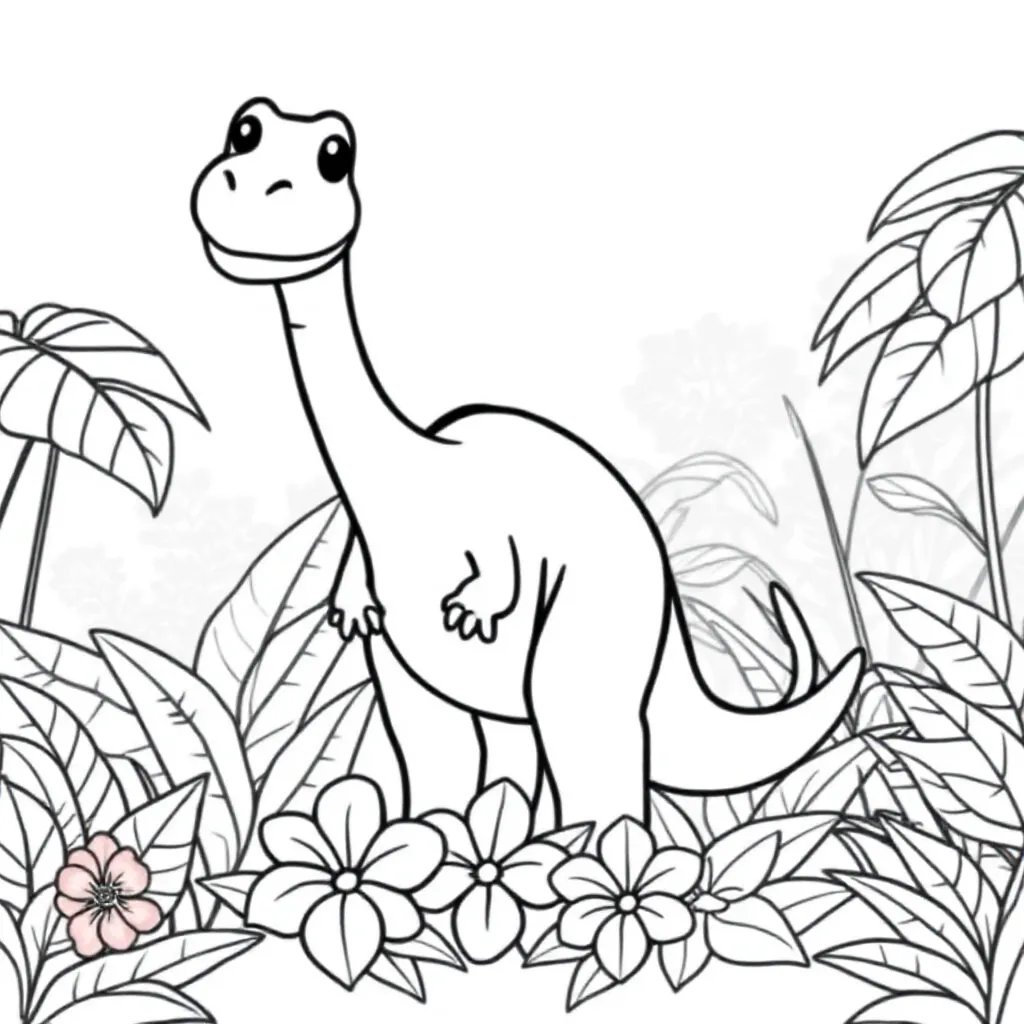 Ein freundlicher Dinosaurier in einem Dschungel mit Blumen