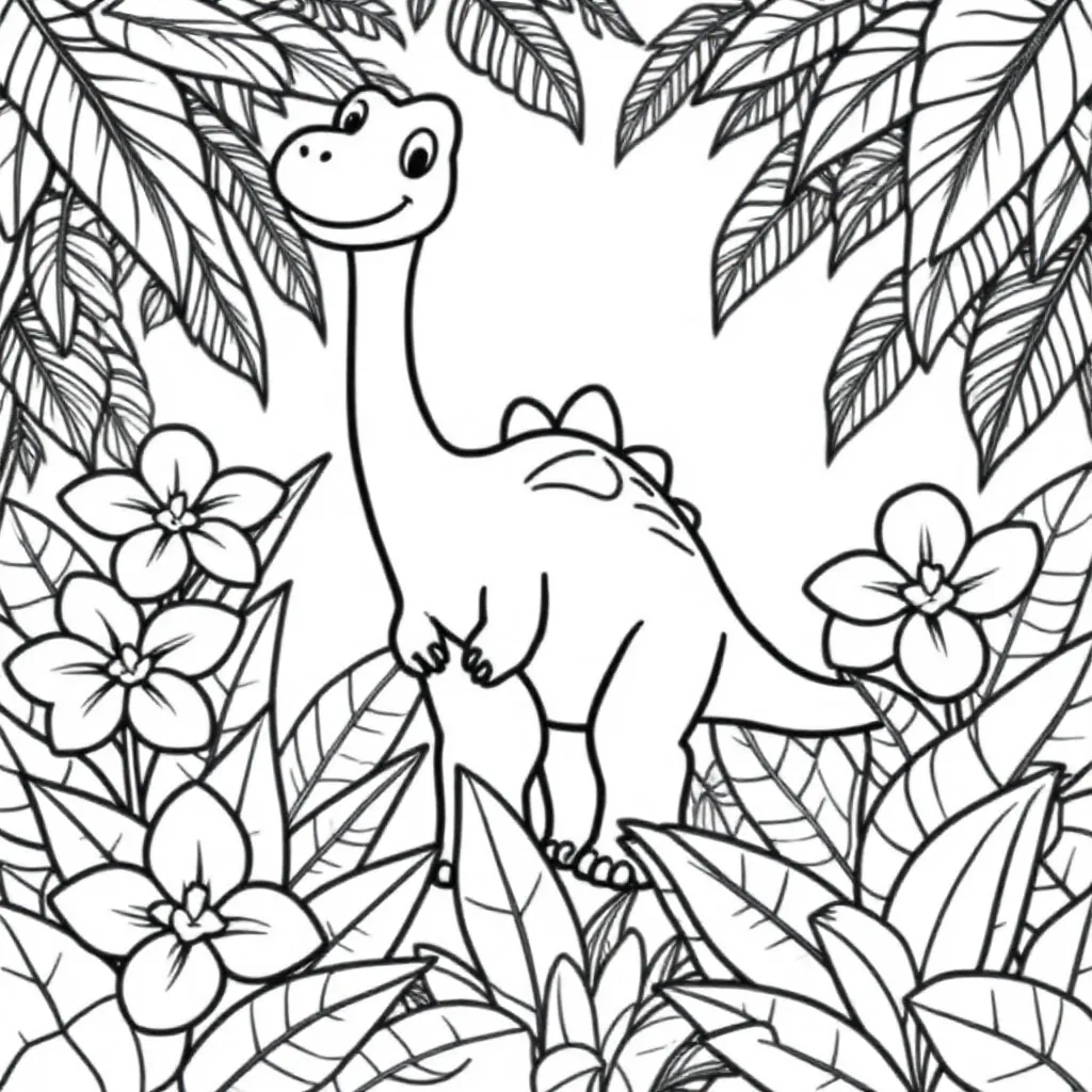 Ein freundlicher Dinosaurier in einem Dschungel mit Blumen