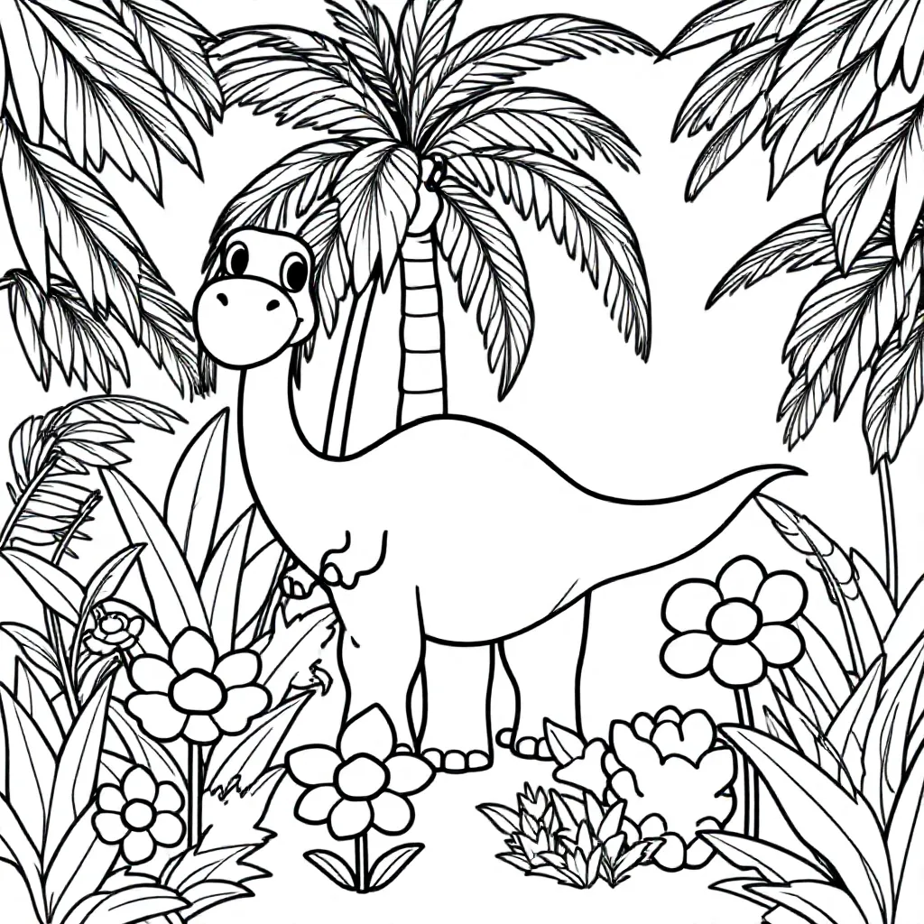 En venlig dinosaur i en jungle med blomster