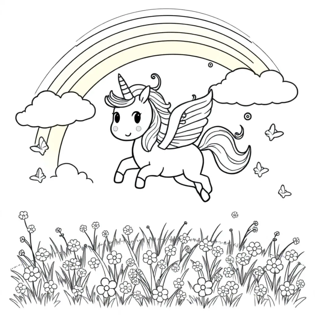 A Cheerful unicorn Flying Through The Rainbow