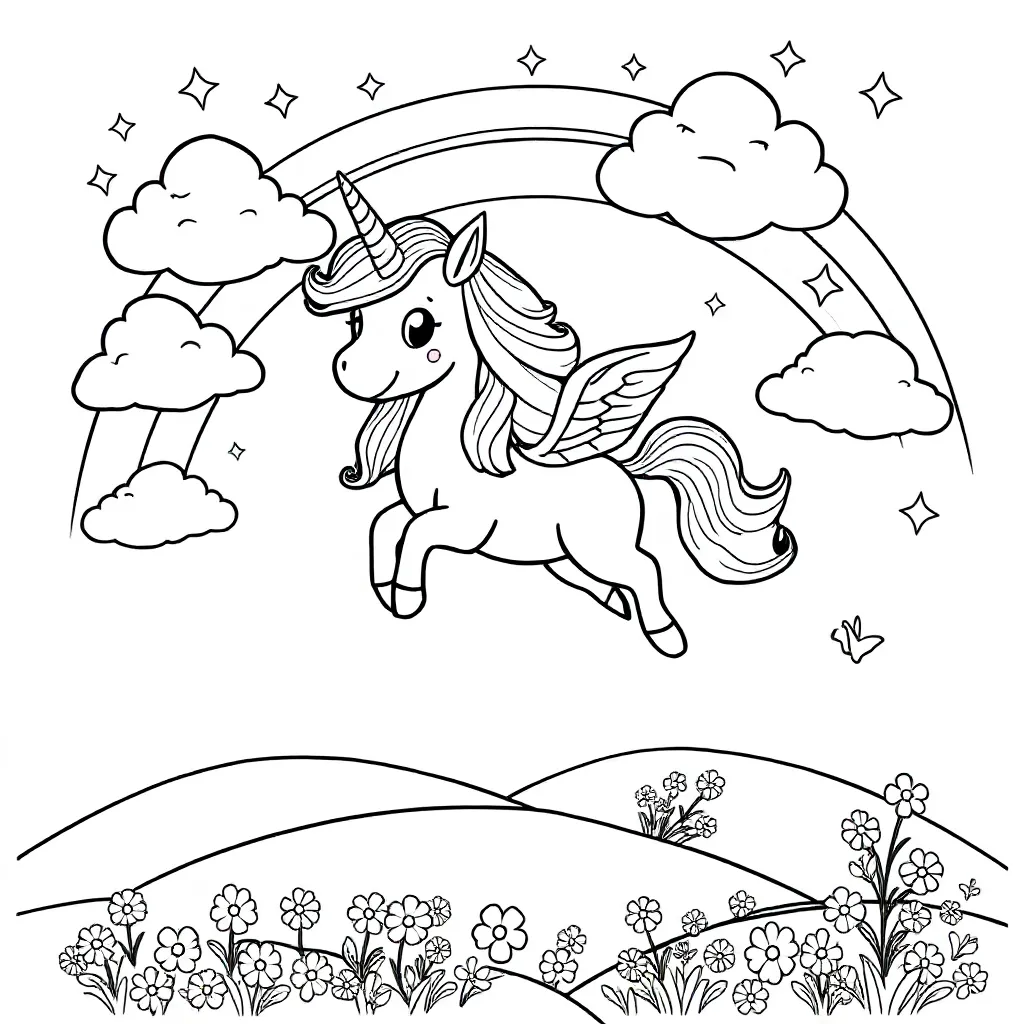 A Cheerful unicorn Flying Through The Rainbow