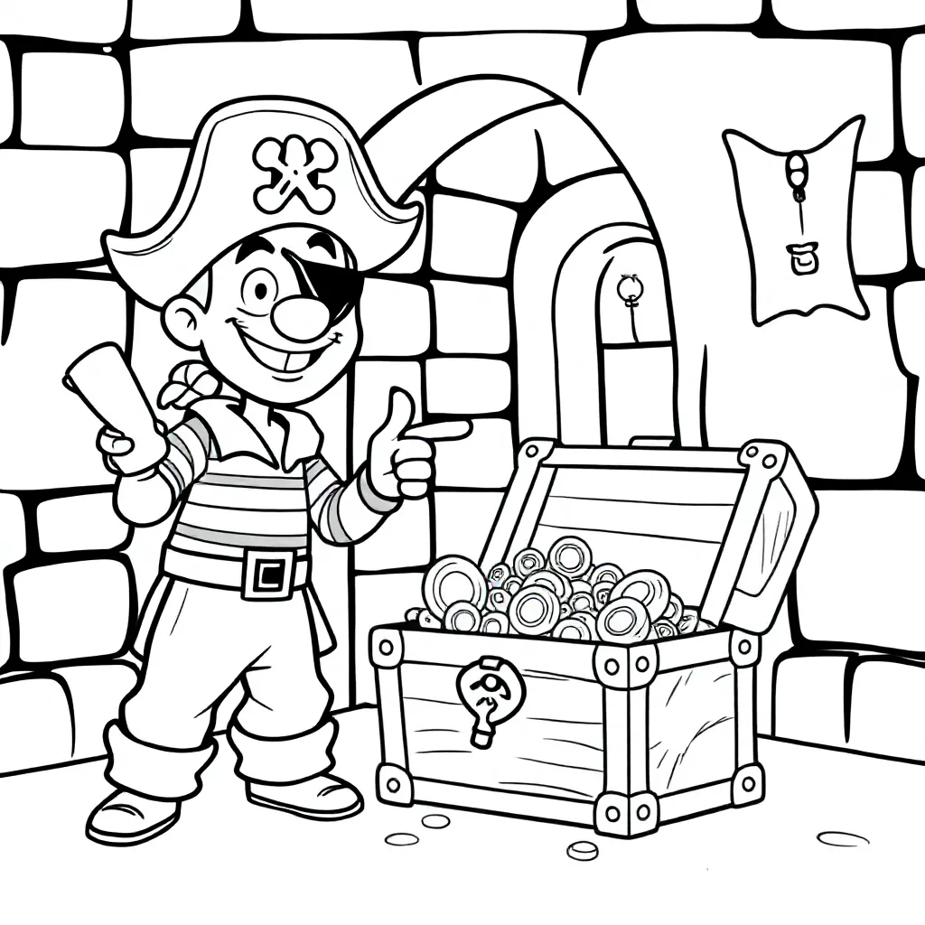 En munter pirat, der opdager en skattekiste på et slot