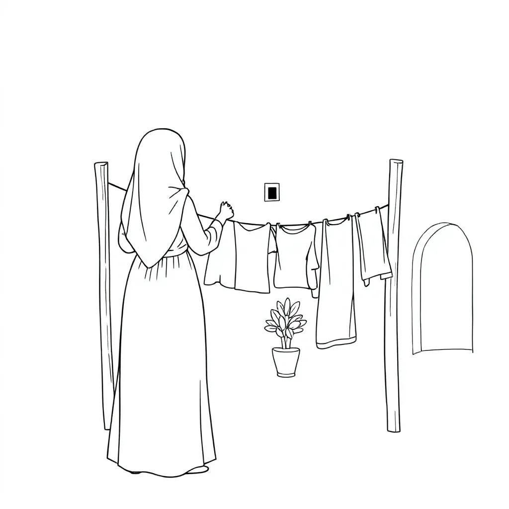 Une femme avec un foulard sans visage étendant le linge au Maroc