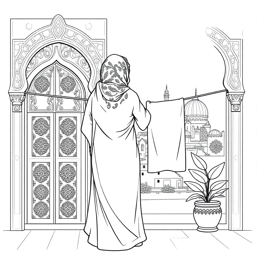 Une femme avec un foulard sans visage étendant le linge au Maroc