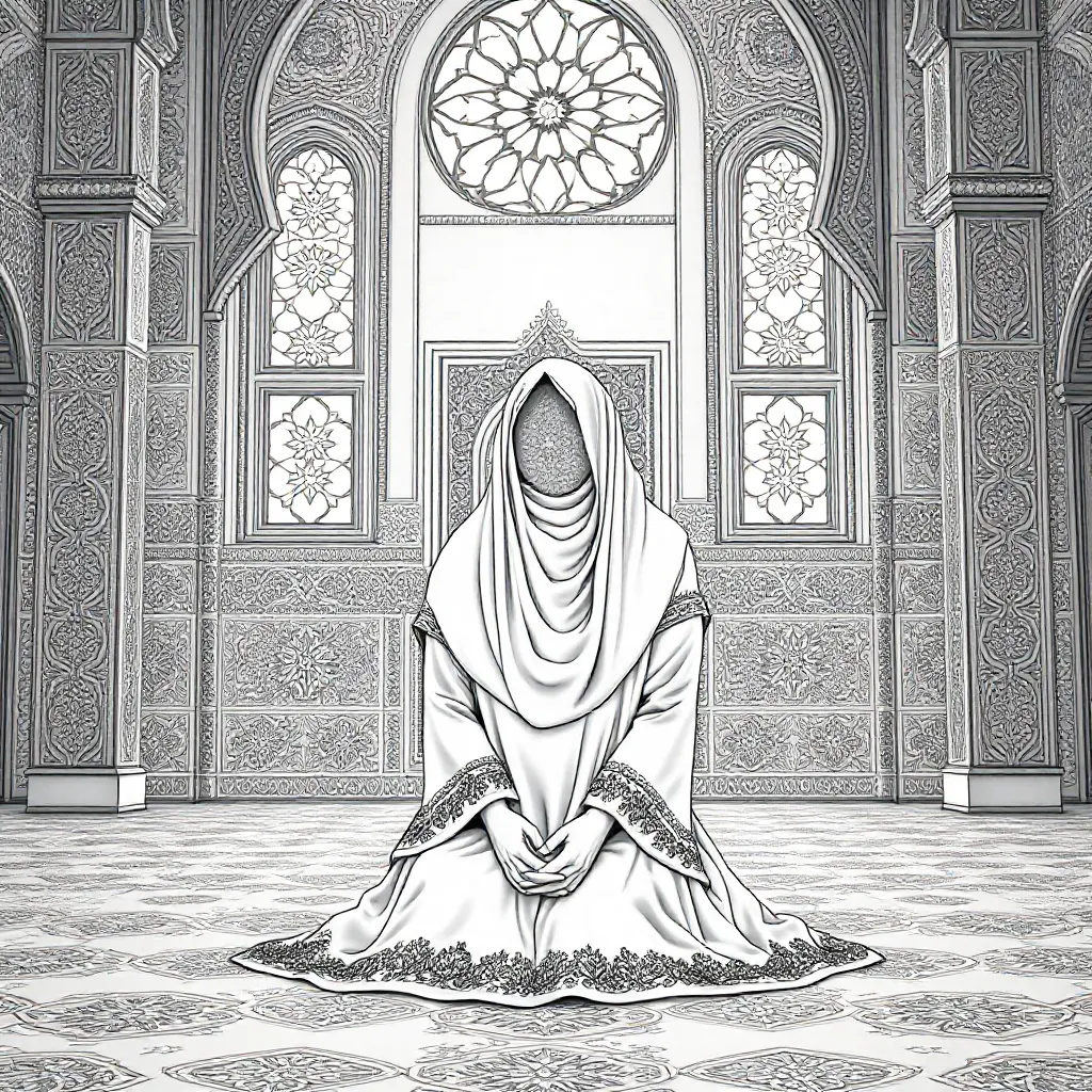 Een vrouw met hoofddoek zonder gezicht die in Marokko in de moskee zit