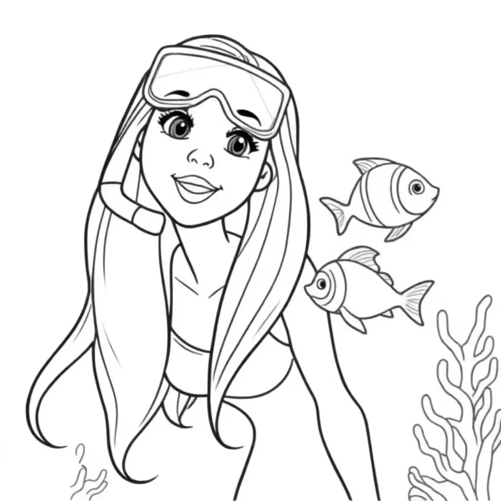 Una donna con capelli e vestiti lunghi che è in un'avventura nel mondo sottomarino con un boccaglio in testa