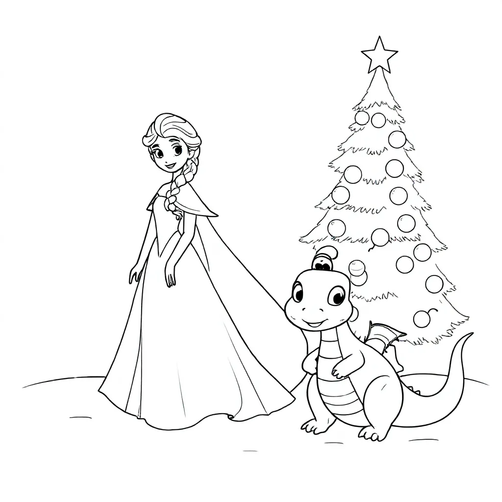 Elsa e un drago vicino a un albero di Natale