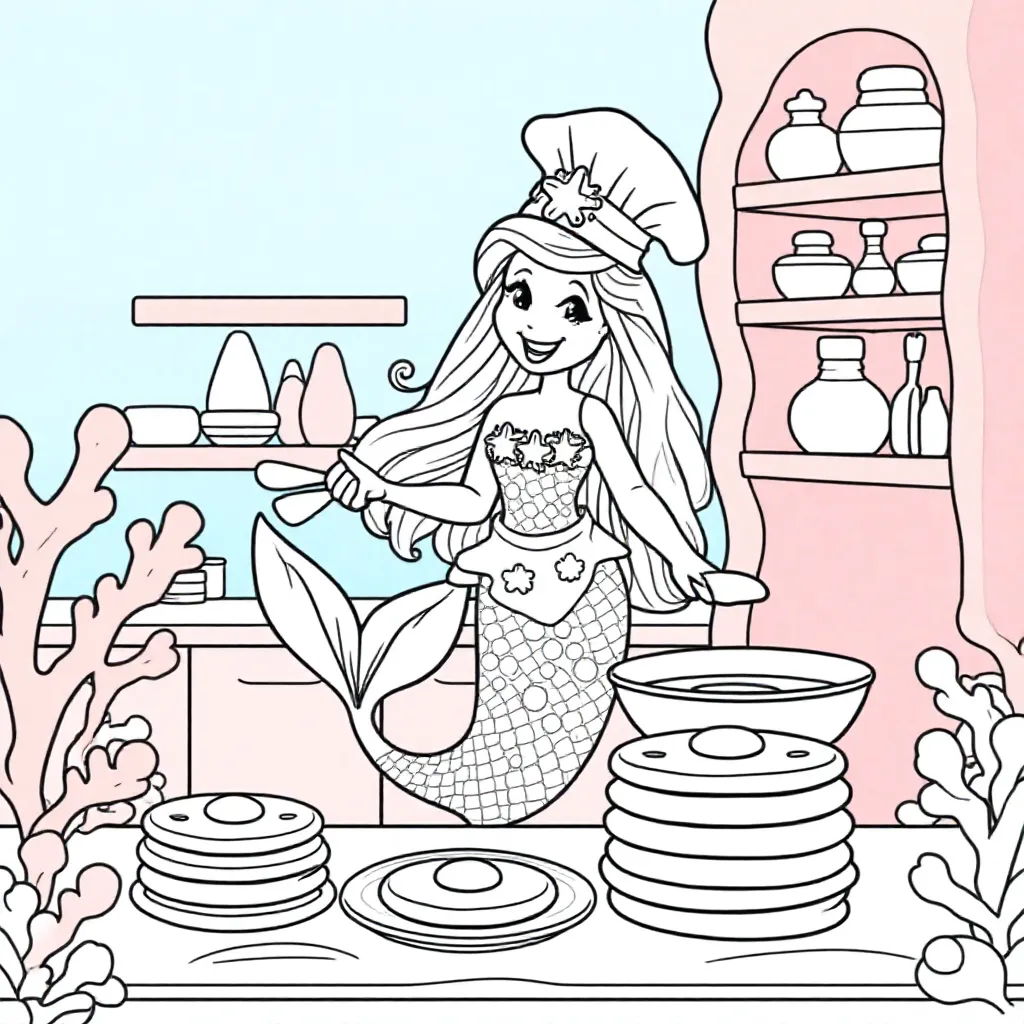 Glitrende havfruekok laver mankepandekager i koralkøkken