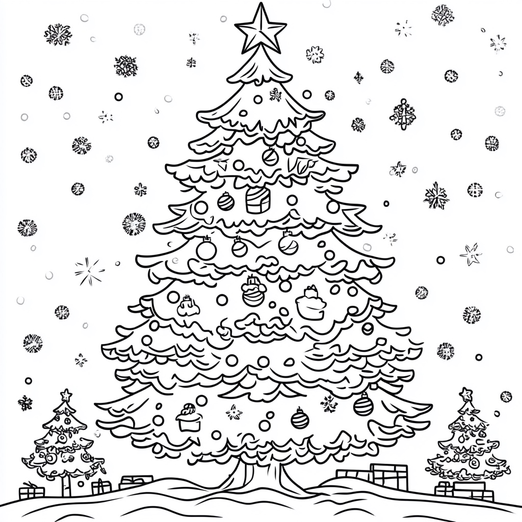 Duża choinka z kulkami i prezentami