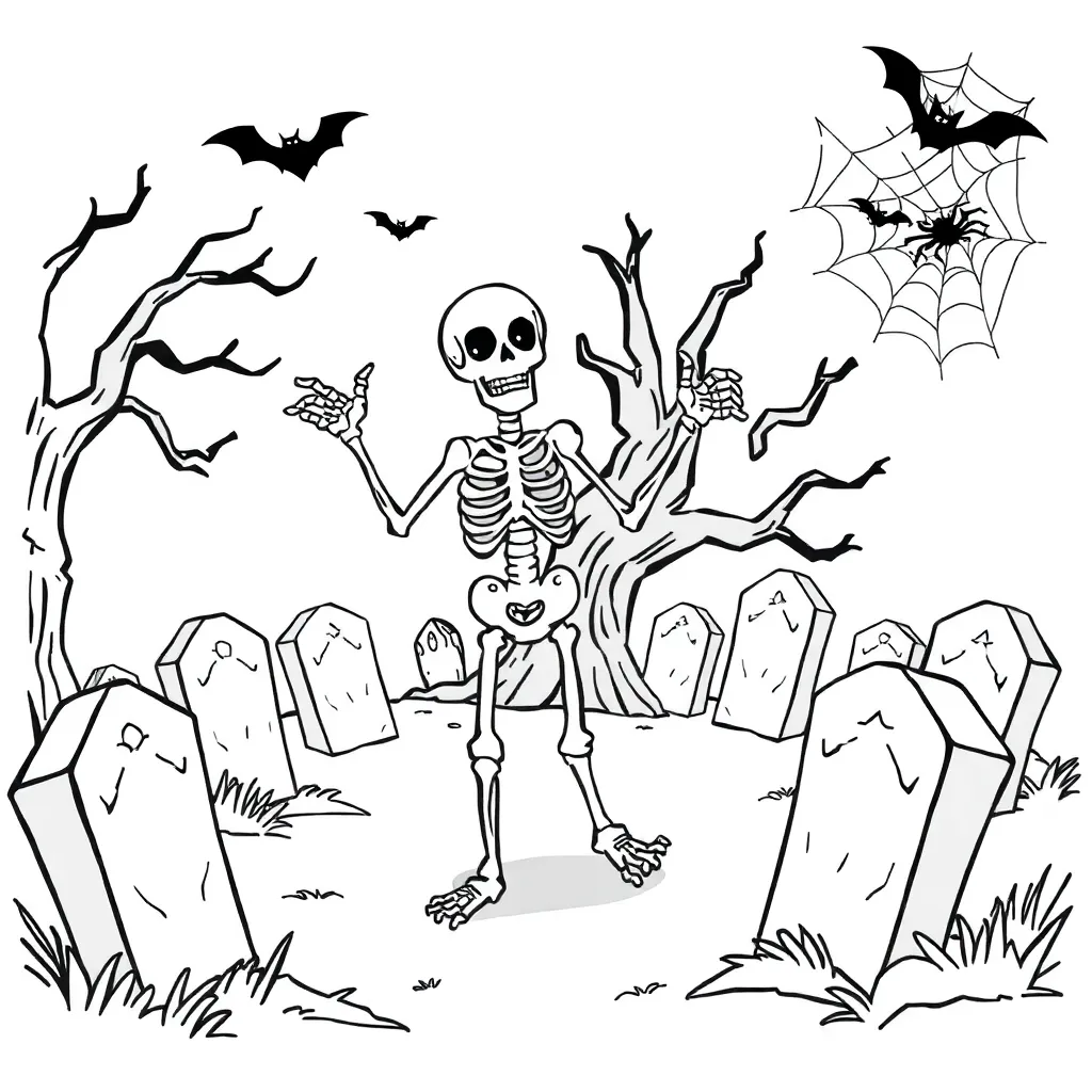 Halloween Dancing Skeleton Creepy Graveyard Spider Webs Bats