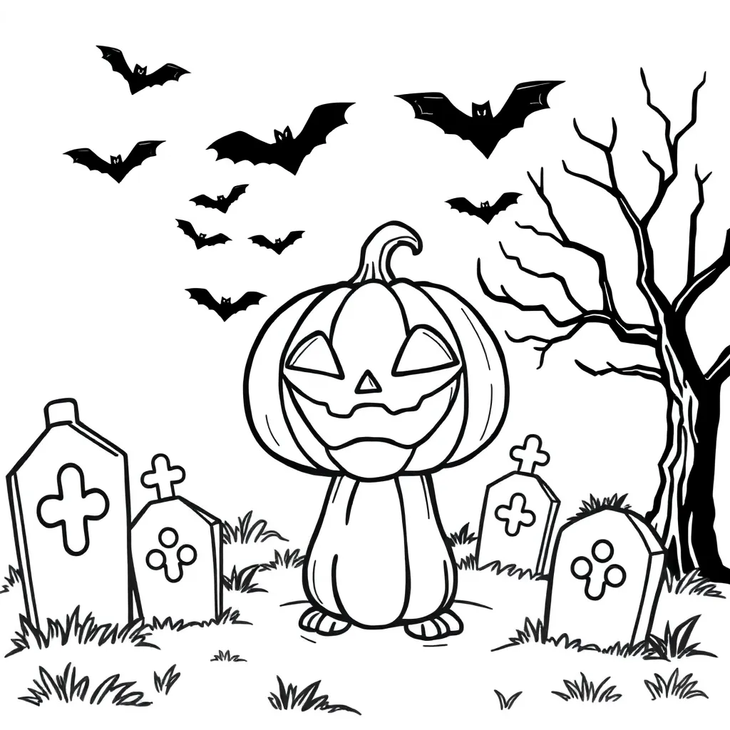 Halloween-Gruseliger Kürbiskopf-Friedhof im Cartoon-Stil