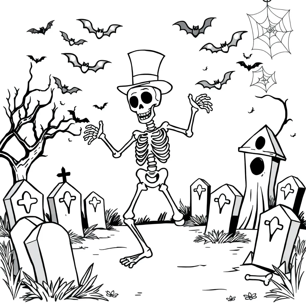 Halloween Creepy Skeleton Graveyard Spider Webs Bats